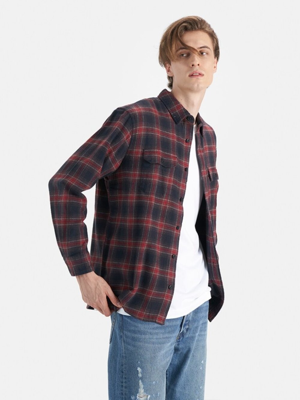 Levi's Red & Black Plaid Long Sleeve Flannel Shirt Men's Size Large Relaxed